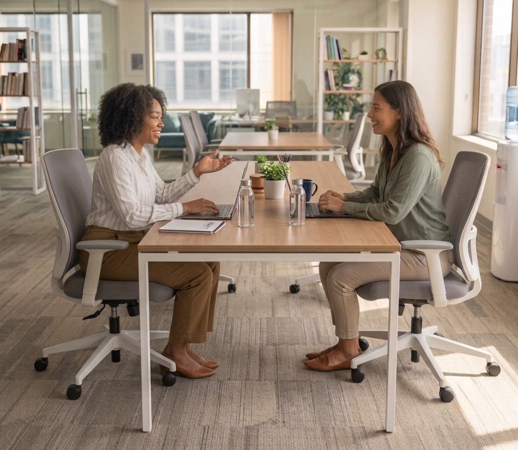 Two women collaborating across a desk
